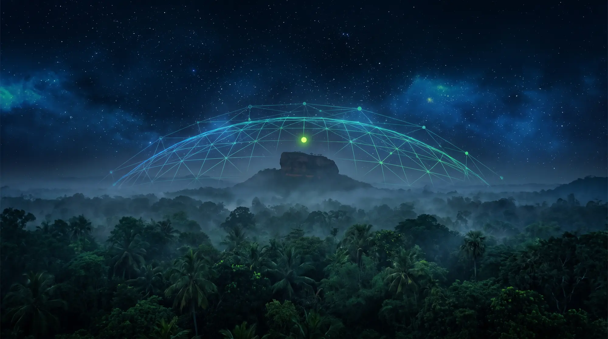 Sigiriya rock at night beneath a glowing network dome