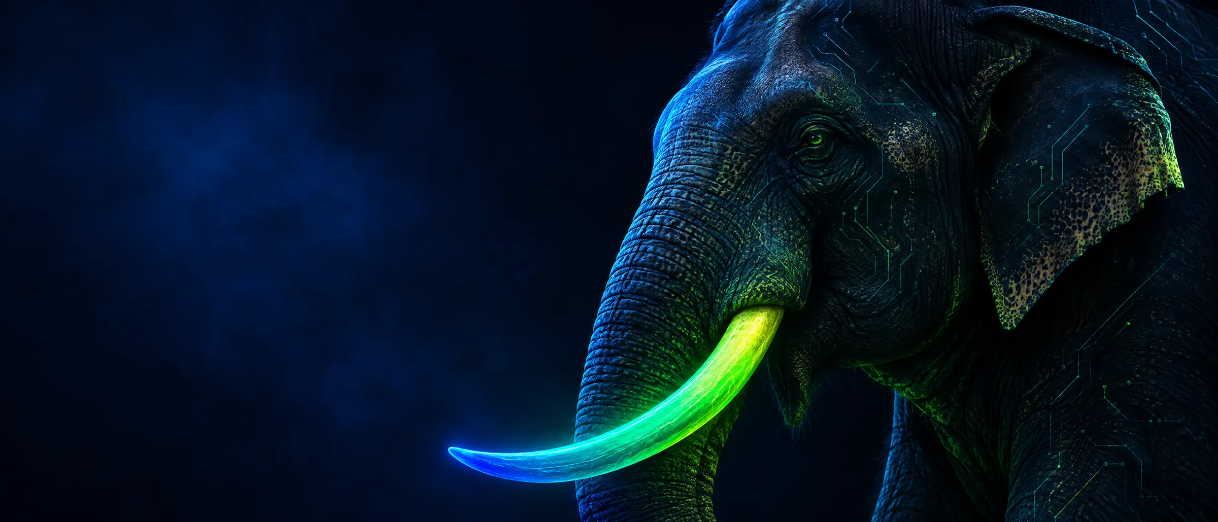 An elephant in darkness with a glowing blue-to-green tusk